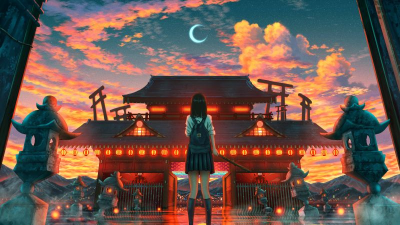 Ancient architecture, Japanese girl, Crescent Moon, Illuminated, Lofi girl, Clouds, Shuu Illust, Wallpaper