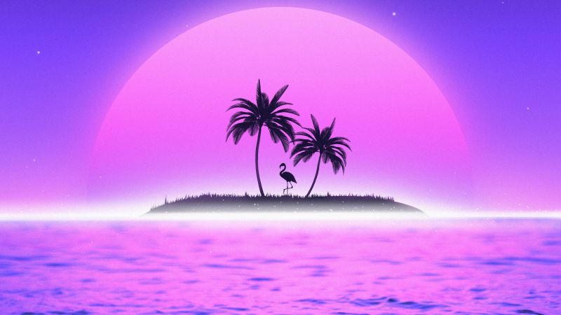 Sunset, RetroWave art, Vaporwave, Flamingo, Palm trees, Island, Tropical, 5K, Wallpaper