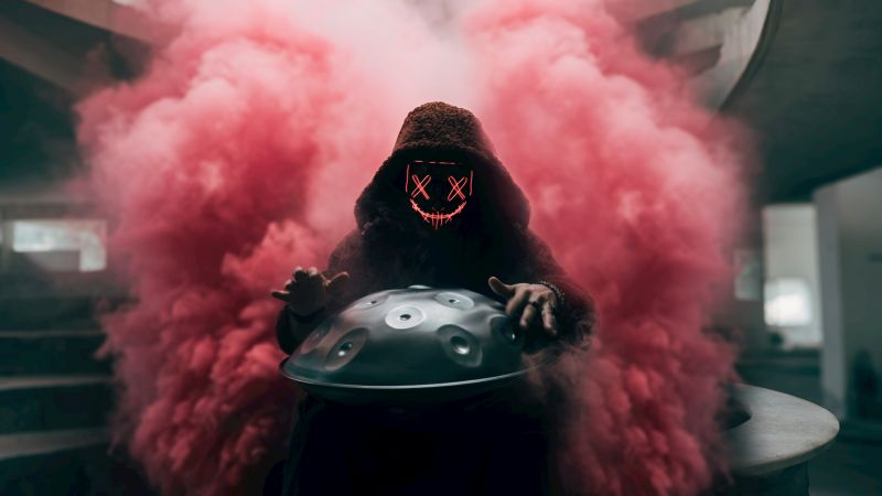 Handpan, Neon Mask, Hooded Man, 5K, Smoke can