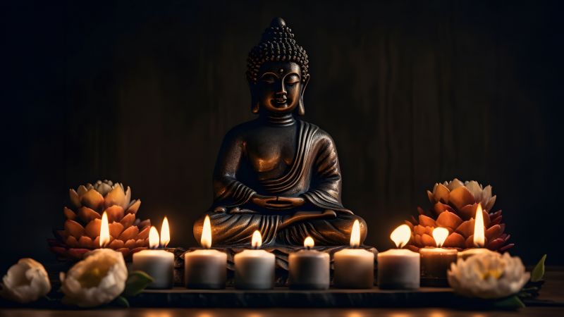 Gautama Buddha, Spiritual, Statue, Lord Buddha, Dark background, 5K, Buddhism, Candle lights, AI art, Wallpaper