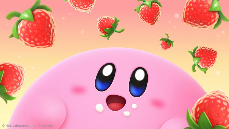Kirby, Strawberries, Cute cartoon, Wallpaper