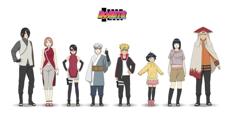 Boruto: Naruto the Movie, Anime movie, Sarada Uchiha, Sakura Haruno, Sasuke Uchiha, Himawari Uzumaki, Hinata Hyuga, Naruto Uzumaki, Boruto Uzumaki, White background, Wallpaper
