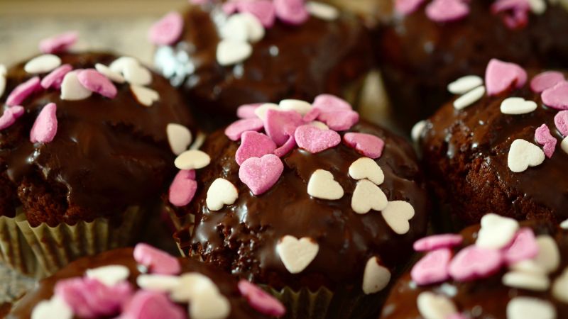 Chocolate, Muffins, Cupcake, Heart Candies, 5K, Wallpaper