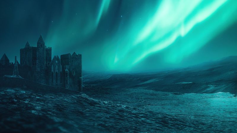 Castle, Aurora Borealis, Ocean, Night sky, Aurora sky, 5K, Creative, Wallpaper
