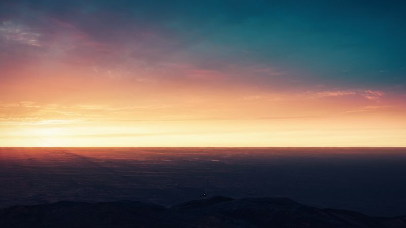 Moon, Sunset, Horizon, Dusk, Mountain, 5K, Wallpaper