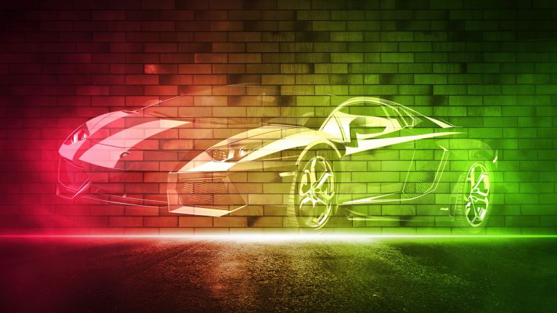 Lamborghini Gallardo, Neon art, Brick wall, Wallpaper