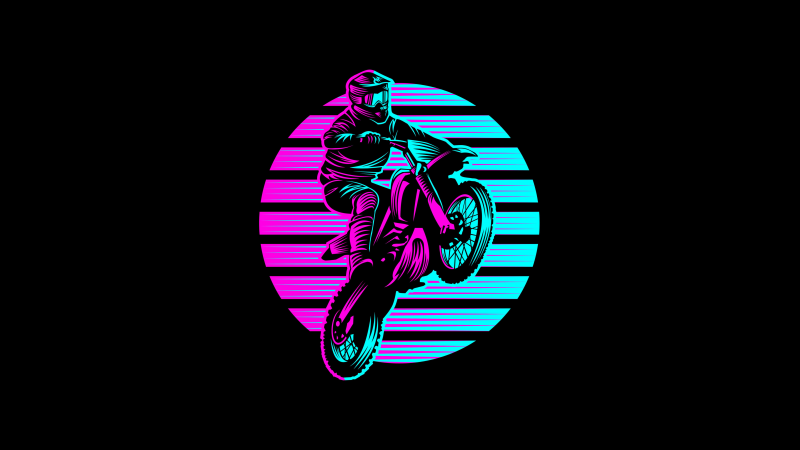 Motocross Motorcycle, Neon art, RetroWave art, Black background, 5K, AMOLED, Stuntman, Wallpaper