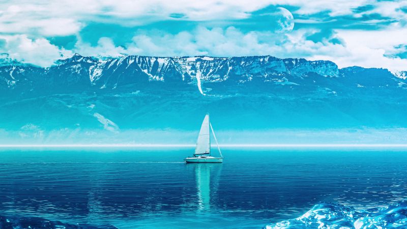 Sailing boat, Mountains, Ocean, Blue aesthetic, Ocean blue, 5K, Wallpaper