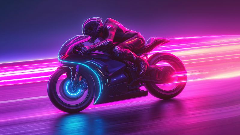 Biker, Neon background, Racing, 5K, Pink, Wallpaper
