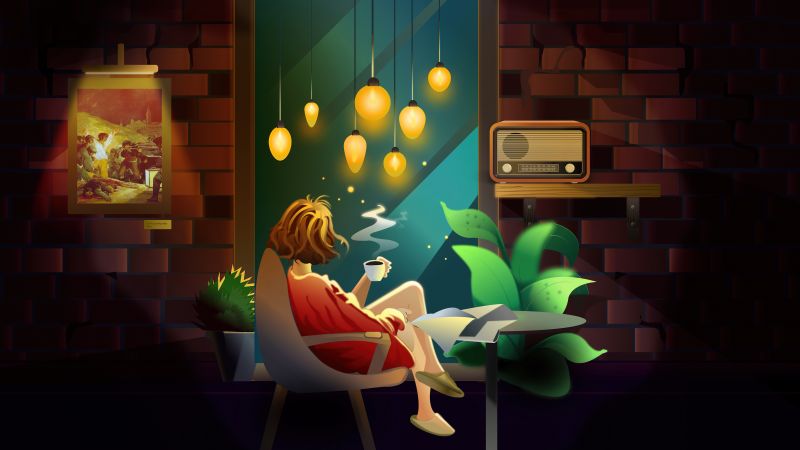 Teen girl, Coffee, Myself, Lonely, Brick wall, Painting, Illustration, 5K, Ambient lighting, Wallpaper