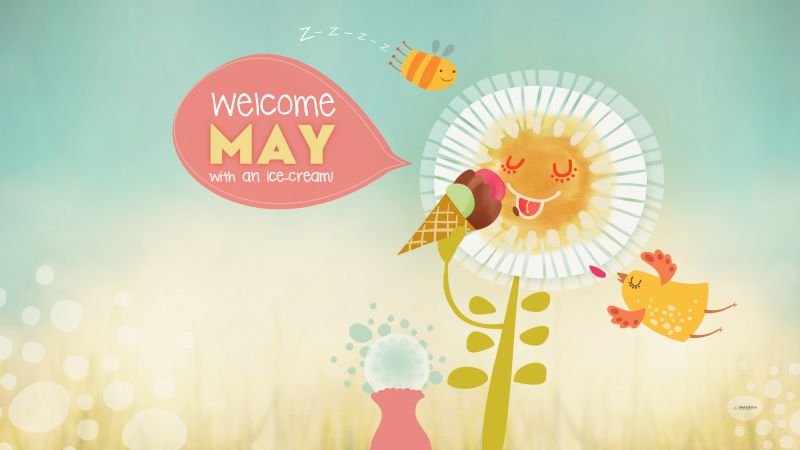 May (Month), Sunny day, Ice cream, Funny, Cartoon, Illustration, 5K, Wallpaper