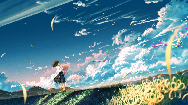 Anime girl, Landscape, Dreamlike, Morning breeze, Flower bouquet, 5K, Wallpaper