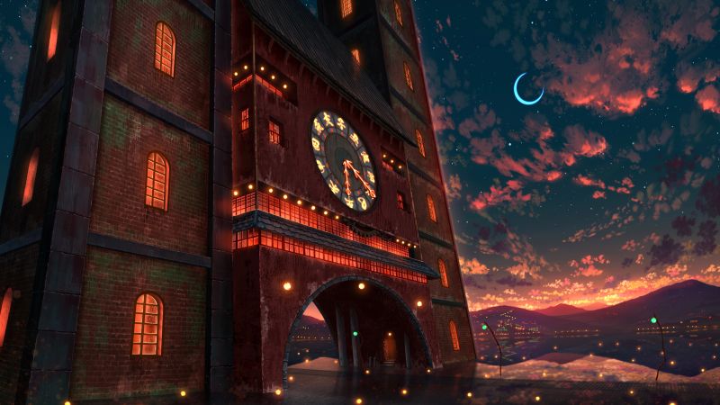 Clock tower, Crescent Moon, Scenery, 5K, Night illumination, Body of Water, Shuu Illust, Wallpaper