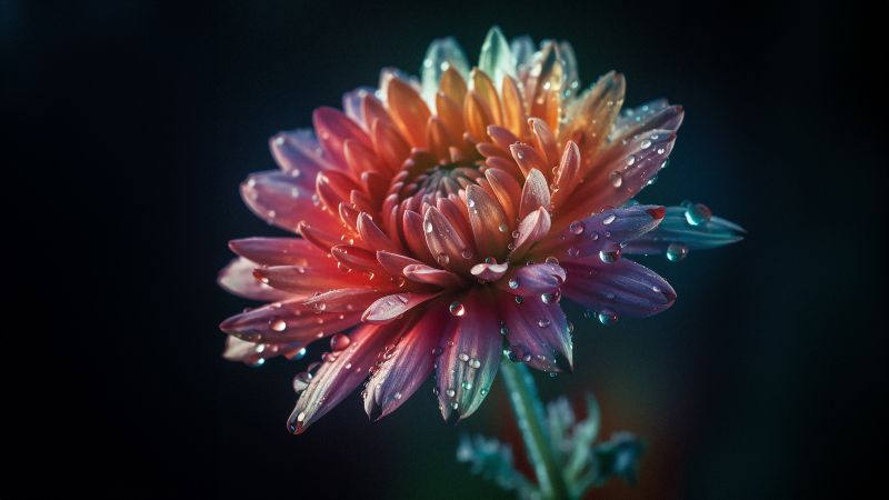 Chrysanthemum, Digital flower, Dew Drops, Bokeh Background, Wallpaper
