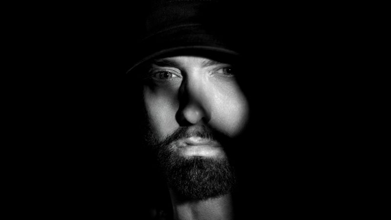 Eminem, 8K, Black background, American rapper, 5K, AMOLED, Monochrome, Black and White, Wallpaper