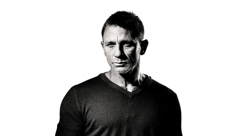 Daniel Craig, James Bond, Monochrome, Black and White, 5K, White background, Wallpaper