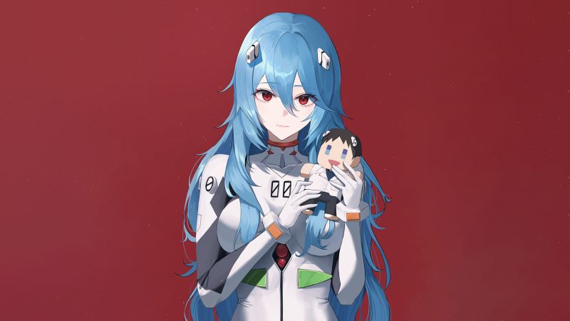 Anime girl, Rei Ayanami, Neon Genesis Evangelion, Red background, 5K, Wallpaper