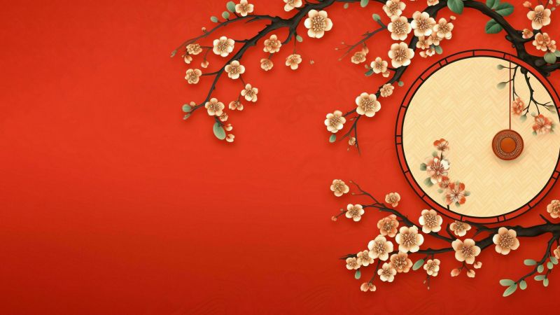 Chinese New Year, Tradition, Sakura, Floral designs, Red background, Lunar New Year, Wallpaper