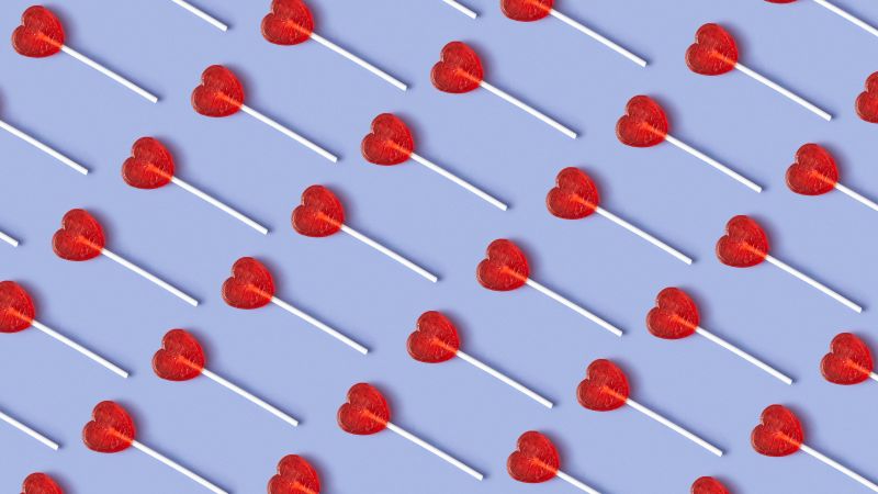 Heart shape, Lollipop, Candies, 5K, 8K, Red hearts, Pattern, Heart Candies, Wallpaper