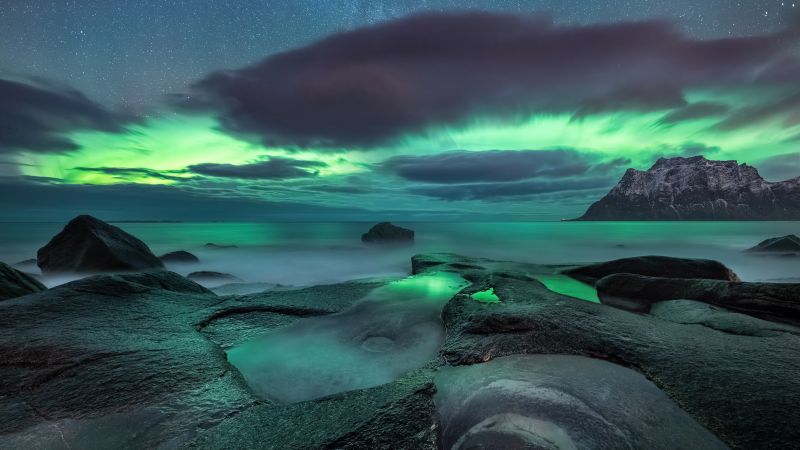 Uttakleiv beach, Aurora sky, Lofoten islands, Norway, Aurora Borealis, Night, Northern Lights, Arctic, Wallpaper