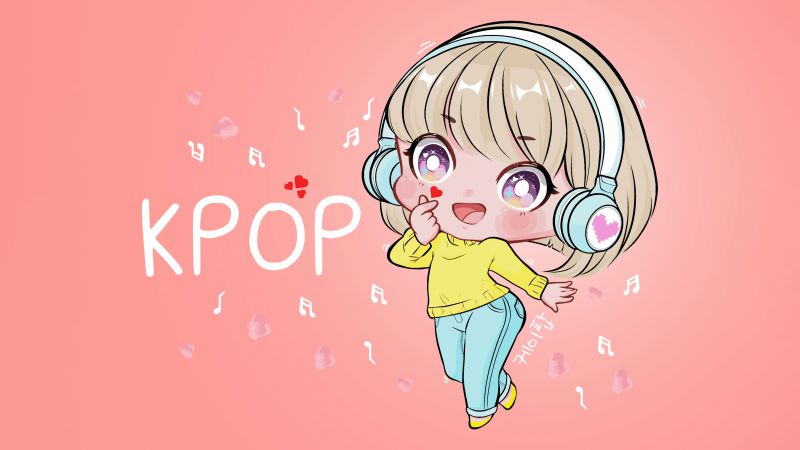 K-pop, Chibi, Finger heart, Cute Girl, Listening music, Dancing, Pastel orange, Pastel background, 5K, Red hearts, Girly backgrounds, Wallpaper