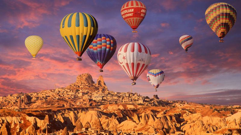 Hot air balloons, Cappadocia, Golden hour, Rock formations, Town, Tourist attraction, Turkey, Wallpaper