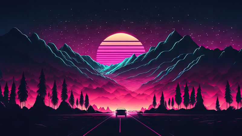 Highway, Outrun, AI art, Neon, Retrowave, Synthwave, Sunset, Mountains, 5K, Wallpaper
