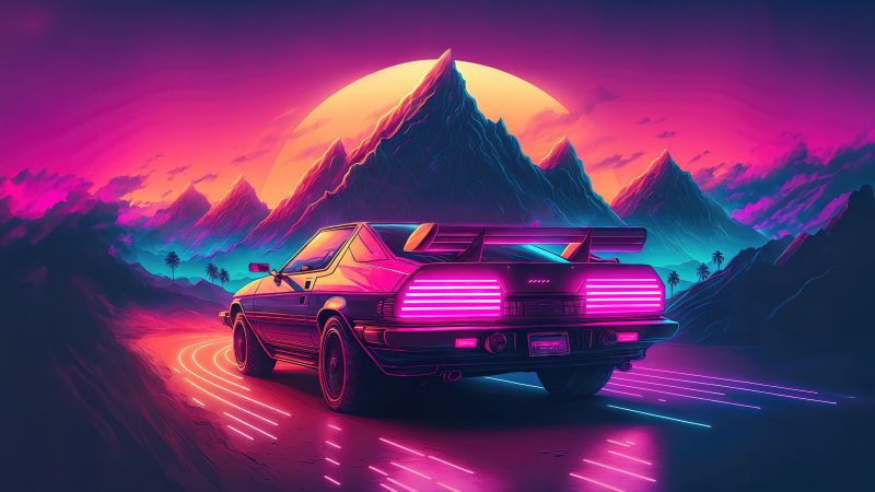 Outrun, AI art, Neon, Retrowave, Synthwave, Sunset, Mountains, 5K, Highway, Wallpaper