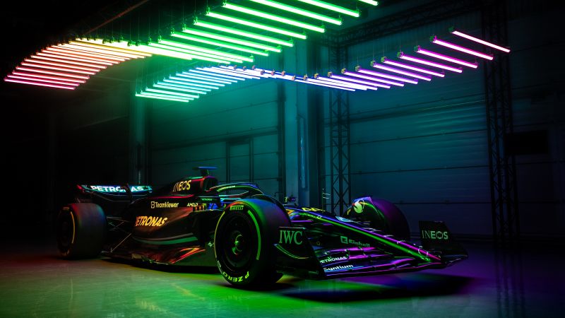 Mercedes-AMG F1 W14 E Performance, Neon Lights, Formula E racing car, Electric Race Cars, Wallpaper