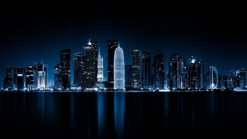 Doha, Qatar, Night, Cityscape, City lights, Reflections, Dark, 5K, Wallpaper
