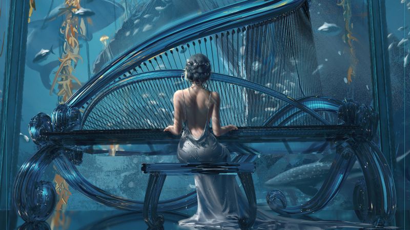 WLOP, Beautiful woman, Playing piano, Whale, Jellyfish, 5K, Wallpaper