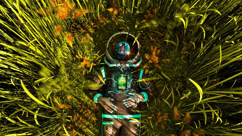 Cyborg, Green Grass, Astronaut, Wallpaper