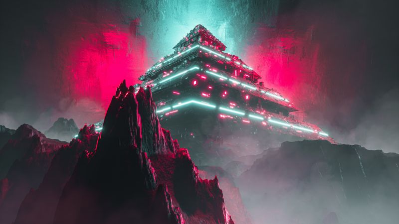 Alien, Pyramid Structure, Neon background, Mountains, 5K, Wallpaper