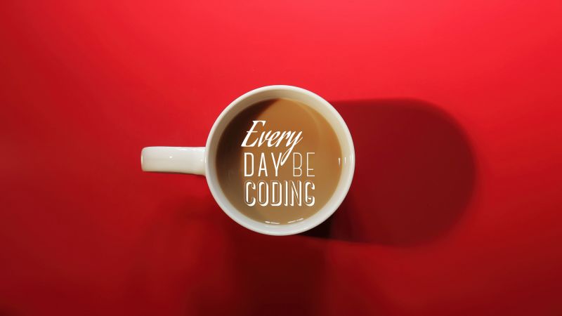 Everyday, Coding, Coffee cup, Red background, Coder, Wallpaper