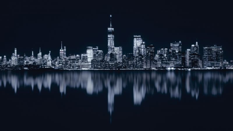 New york city night cityscape city lights reflections dark 