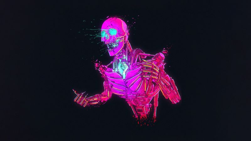 Neon, Skeleton, Cyberpunk, RetroWave art, Skull, Dark background, Wallpaper
