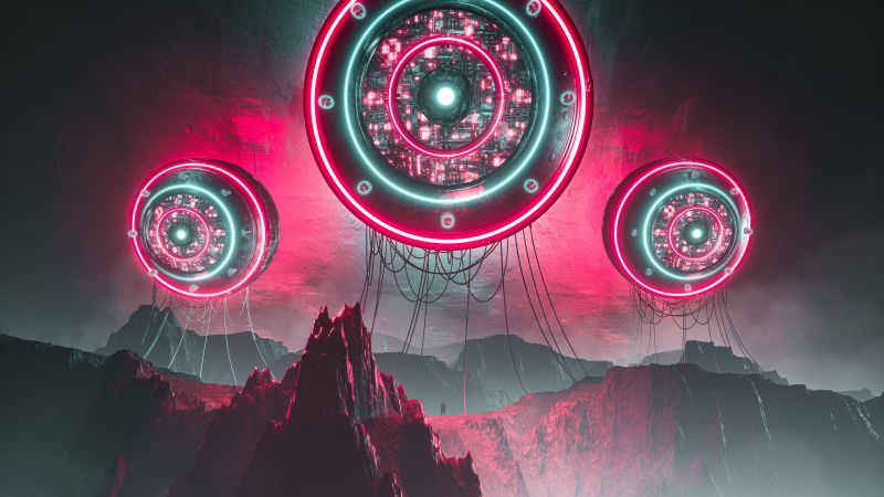 Aliens, Spaceship, Neon background, Futuristic, Digital Art, Mountains, 5K, Wallpaper