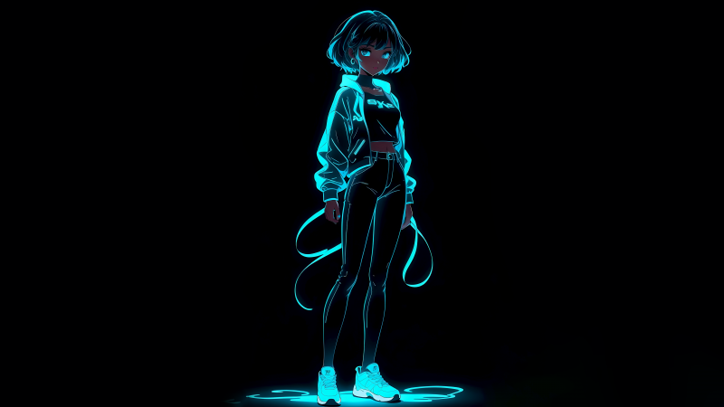 Neon, Anime girl, Black background, AMOLED, 5K, Wallpaper