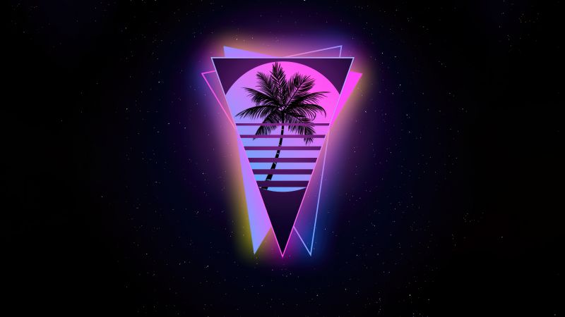 Miami, Outrun, Palm tree, AMOLED, Black background, Neon glow, Geometric, Triangles, Wallpaper