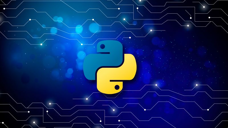 Python, Programming language, 5K, Blue background, Logo, Wallpaper