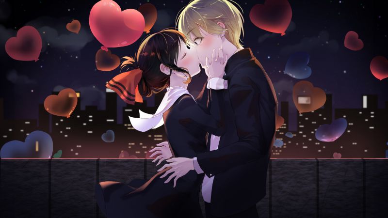 Kaguya Shinomiya, Miyuki Shirogane, Anime couple, Kaguya-sama: Love is War, Romantic kiss, 5K, Wallpaper