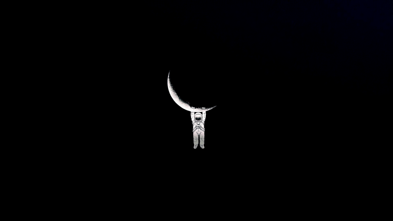 Astronaut, Hanging, Crescent Moon, Night, Black background, AMOLED, Wallpaper