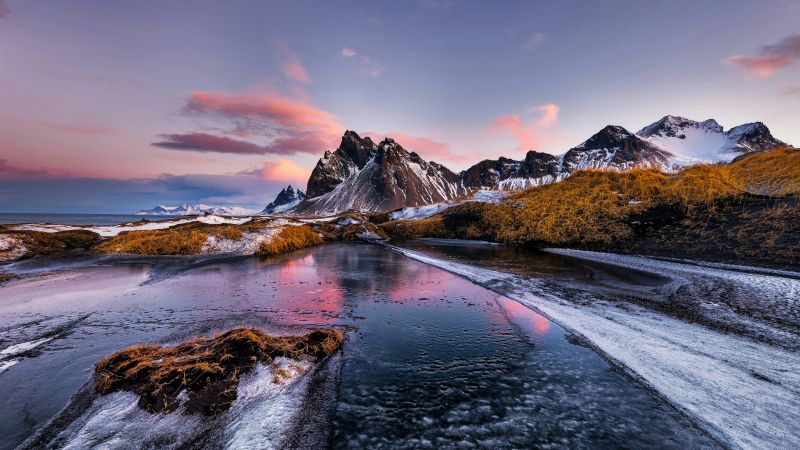 Vestrahorn mountain, Aesthetic, Outdoor, Iceland, Sunset, Dusk, Coastline, 5K, Serene, Stokksnes, Wallpaper