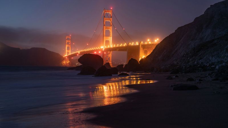 Golden Gate Bridge, Illuminated, Night, Reflection, Baker Beach, San Francisco, California, 5K, 8K, Wallpaper