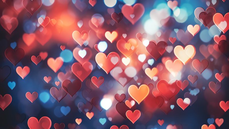 Love hearts, Bokeh Background, Colorful hearts, 5K, AI art, Wallpaper