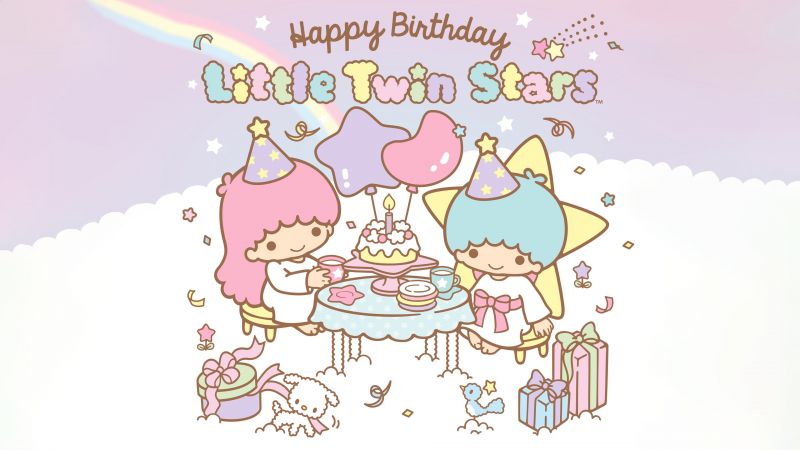 Happy Birthday, Little Twin Stars, Pastel, Aesthetic, Kiki and Lala, Cartoon, Sanrio, Birthday decoration, Birthday party, Wallpaper