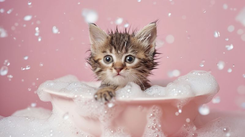 Cute Kitten, Bath time, Soap Bubble, AI art, 5K, Closeup, Wallpaper