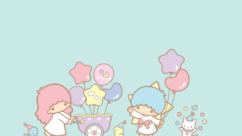 Little Twin Stars, Cyan background, Kiki and Lala, Pastel, Aesthetic, Cartoon, Sanrio, Wallpaper