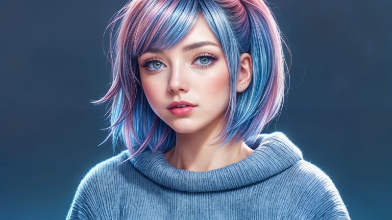 Asian, Cute Girl, Blue eyes, Blue hair, AI art, Wallpaper