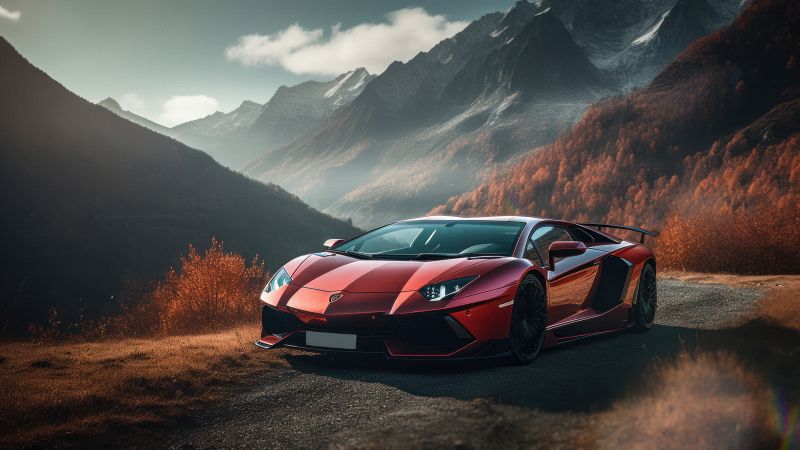 Lamborghini Aventador, Orange aesthetic, Autumn background, Roadway, Autumn Scenery, AI art, 5K, Wallpaper